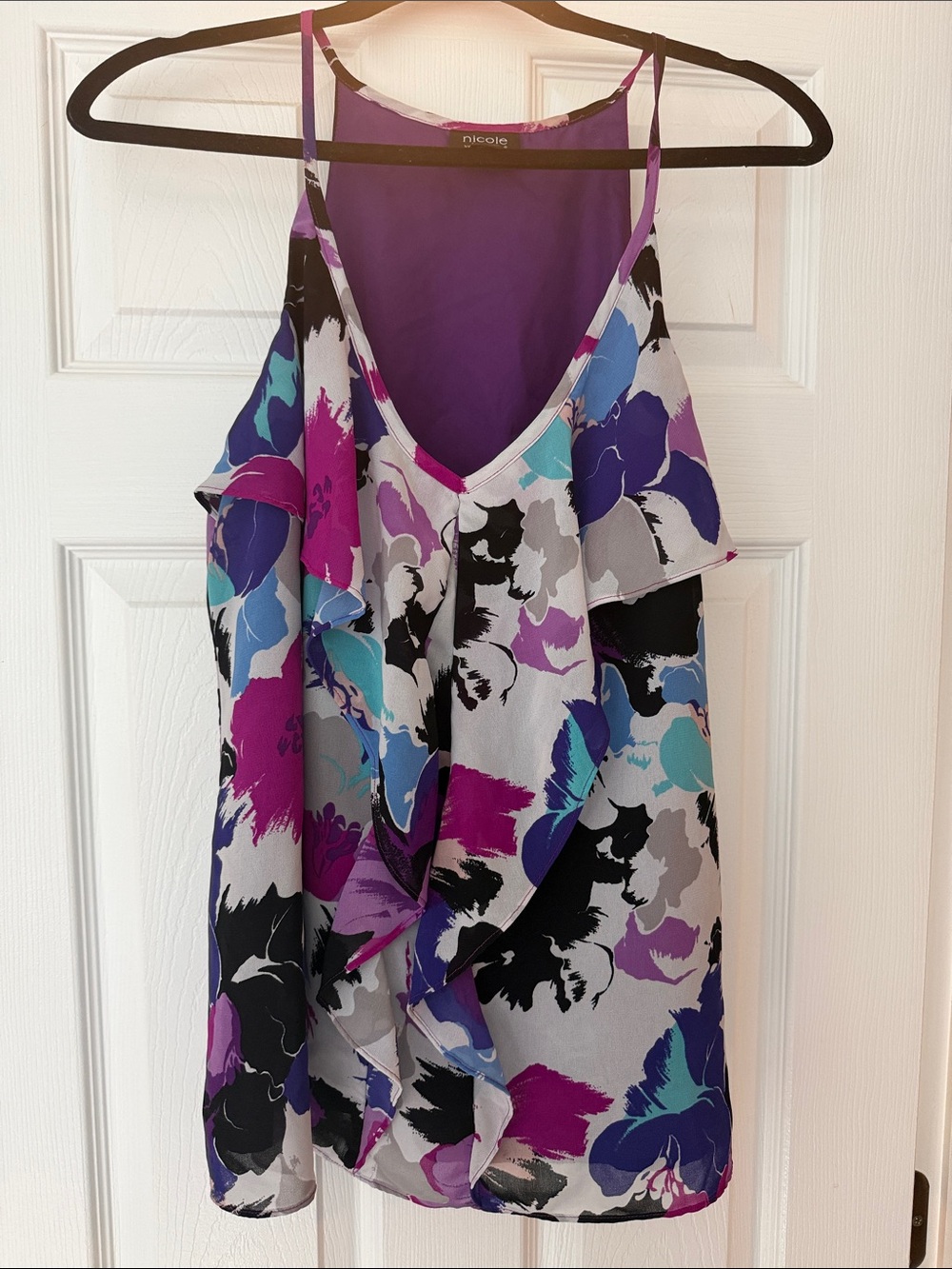 Nicole by Nicole Miller Purple Multi Floral Ruffle Cold-Shoulder Tank